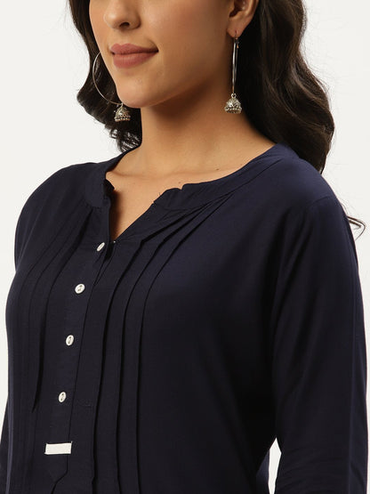 Women's Navy Blue Calf Length Three-Quarter Sleeves Straight Solid Viscose Rayon Kurta
