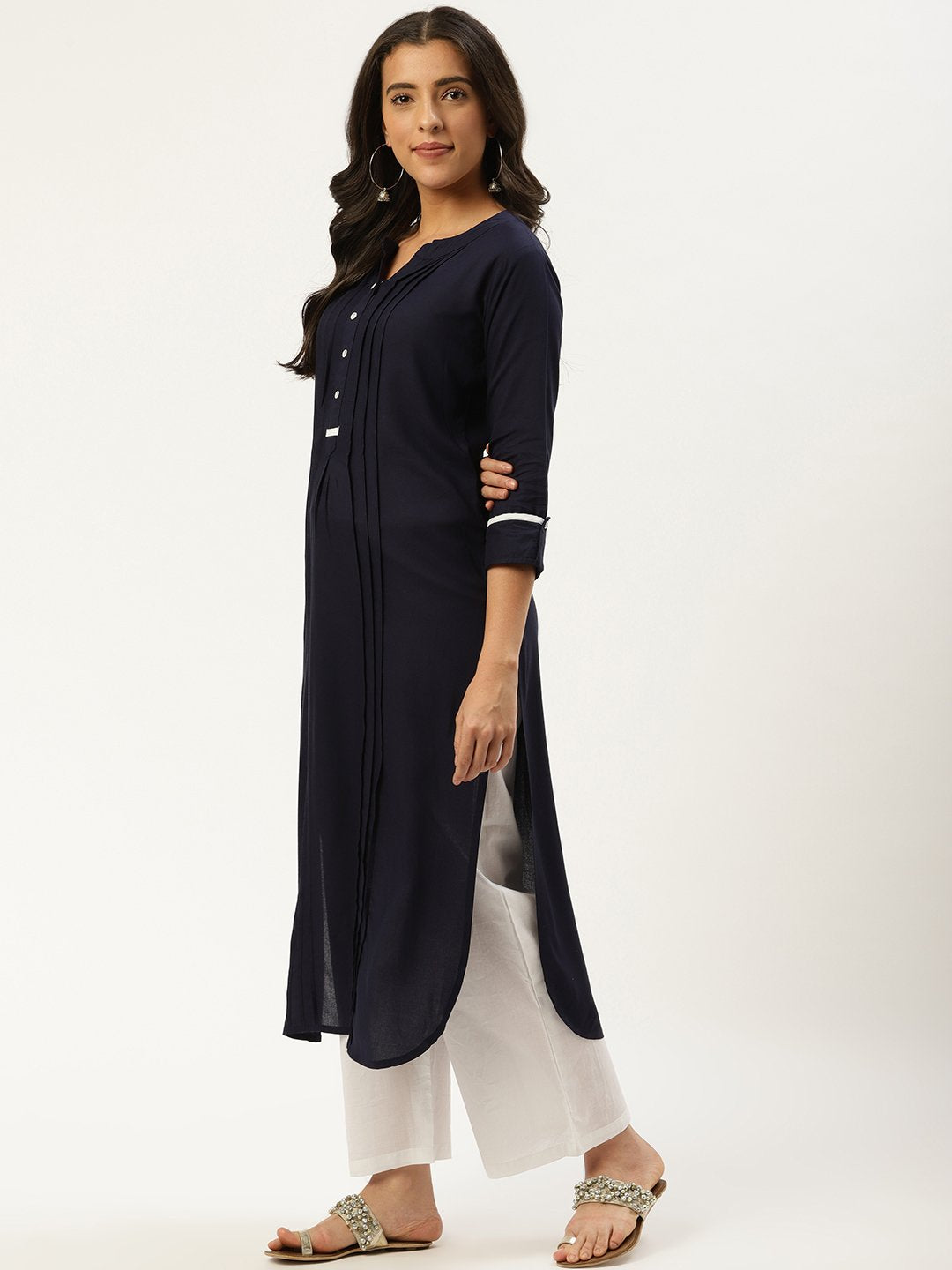 Women's Navy Blue Calf Length Three-Quarter Sleeves Straight Solid Viscose Rayon Kurta