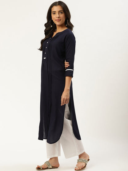 Women's Navy Blue Calf Length Three-Quarter Sleeves Straight Solid Viscose Rayon Kurta