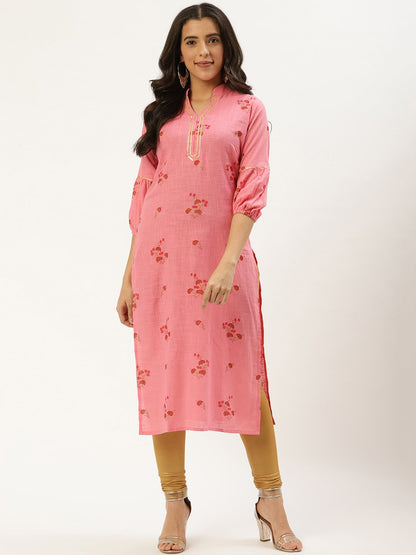 Women's Pink Calf Length Three-Quarter Sleeves Straight Floral Cotton Kurta