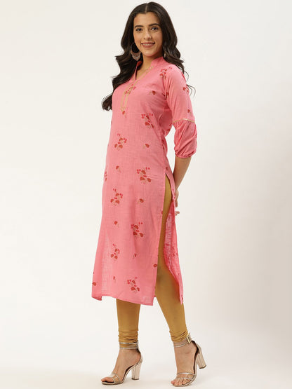 Women's Pink Calf Length Three-Quarter Sleeves Straight Floral Cotton Kurta