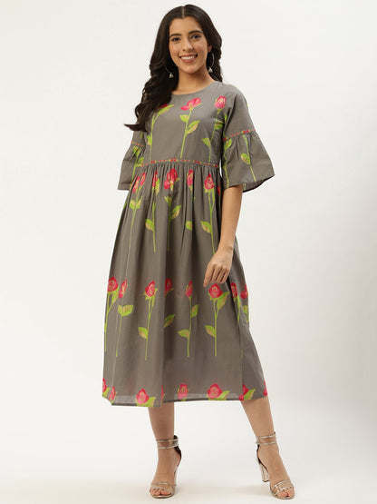 Women's Grey Floral Printed Round Neck Cotton A-Line Dress