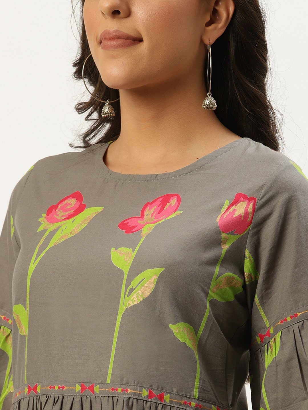 Women's Grey Floral Printed Round Neck Cotton A-Line Dress