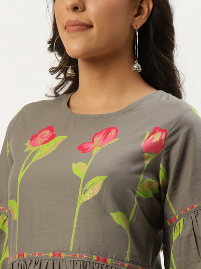 Women's Grey Floral Printed Round Neck Cotton A-Line Dress