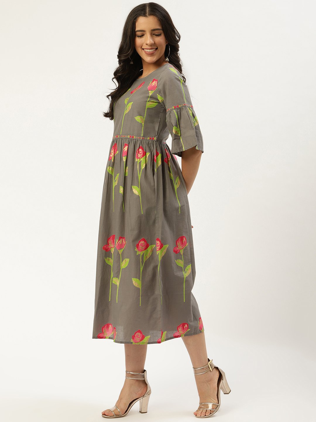 Women's Grey Floral Printed Round Neck Cotton A-Line Dress