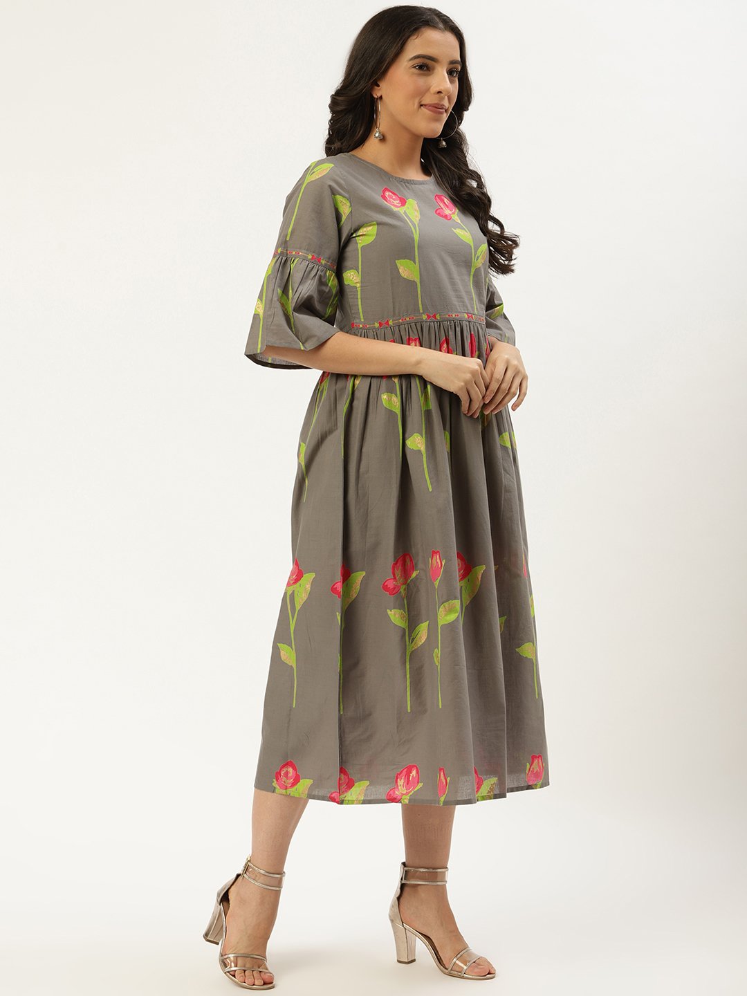 Women's Grey Floral Printed Round Neck Cotton A-Line Dress