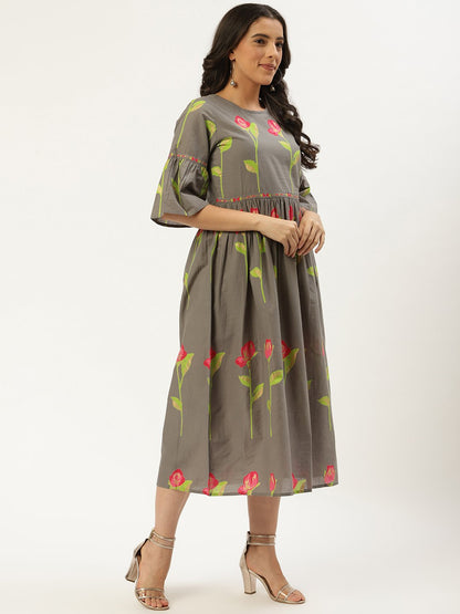 Women's Grey Floral Printed Round Neck Cotton A-Line Dress