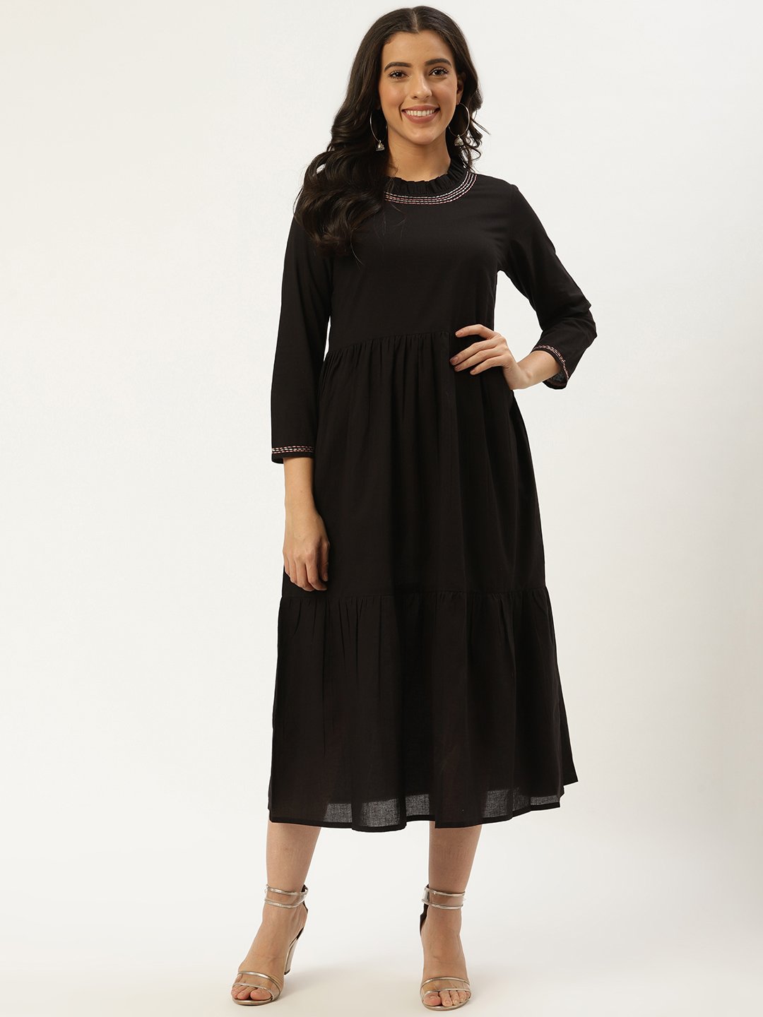 Women's Black Solid Solid Round Neck Cotton A-Line Dress