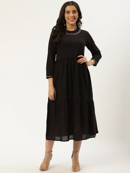 Women's Black Solid Solid Round Neck Cotton A-Line Dress