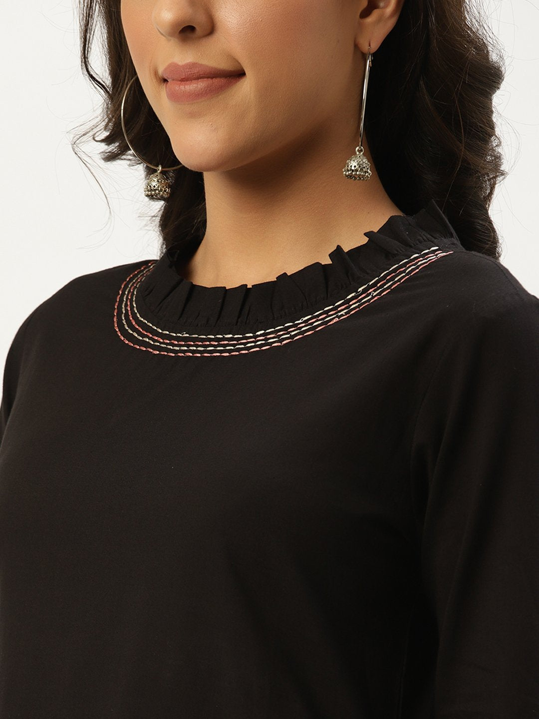 Women's Black Solid Solid Round Neck Cotton A-Line Dress