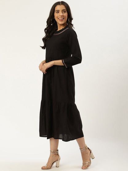 Women's Black Solid Solid Round Neck Cotton A-Line Dress