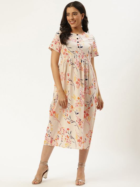 Women's Yellow Floral Printed Round Neck Cotton A-Line Dress