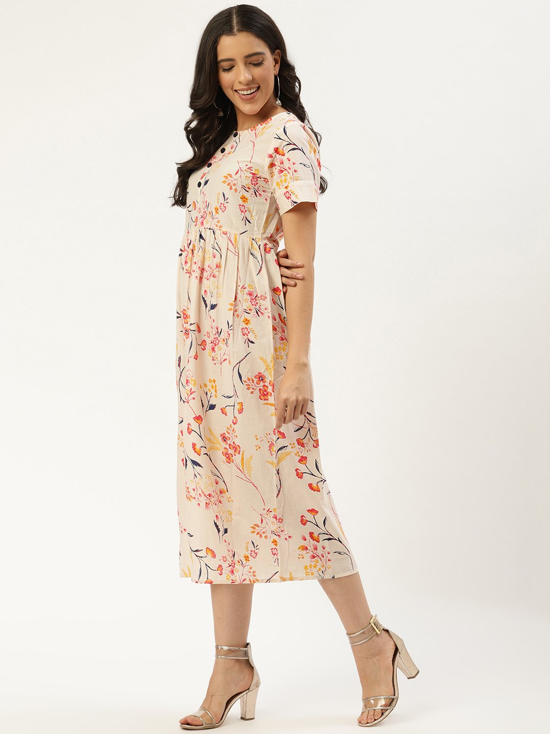 Women's Yellow Floral Printed Round Neck Cotton A-Line Dress