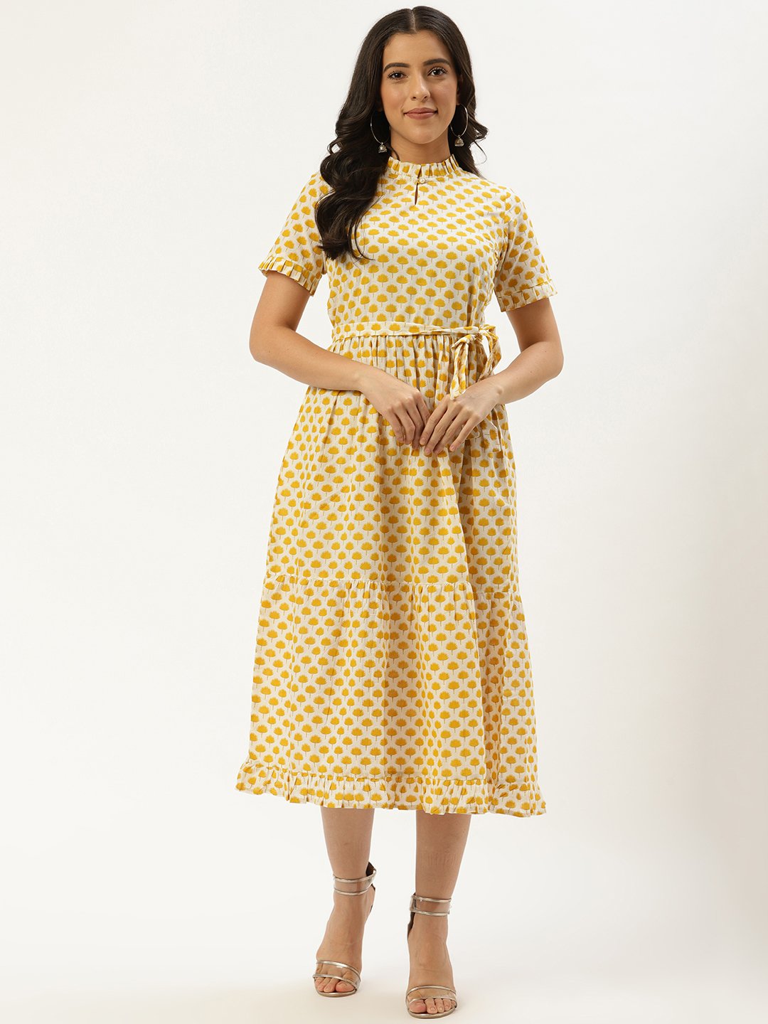 Women's White Ethnic Motifs Printed High-Neck Cotton A-Line Dress