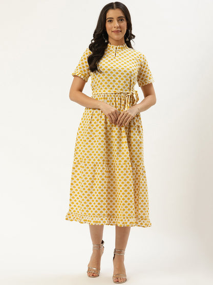 Women's White Ethnic Motifs Printed High-Neck Cotton A-Line Dress