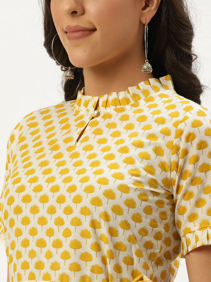 Women's White Ethnic Motifs Printed High-Neck Cotton A-Line Dress