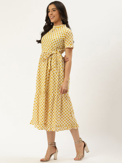 Women's White Ethnic Motifs Printed High-Neck Cotton A-Line Dress
