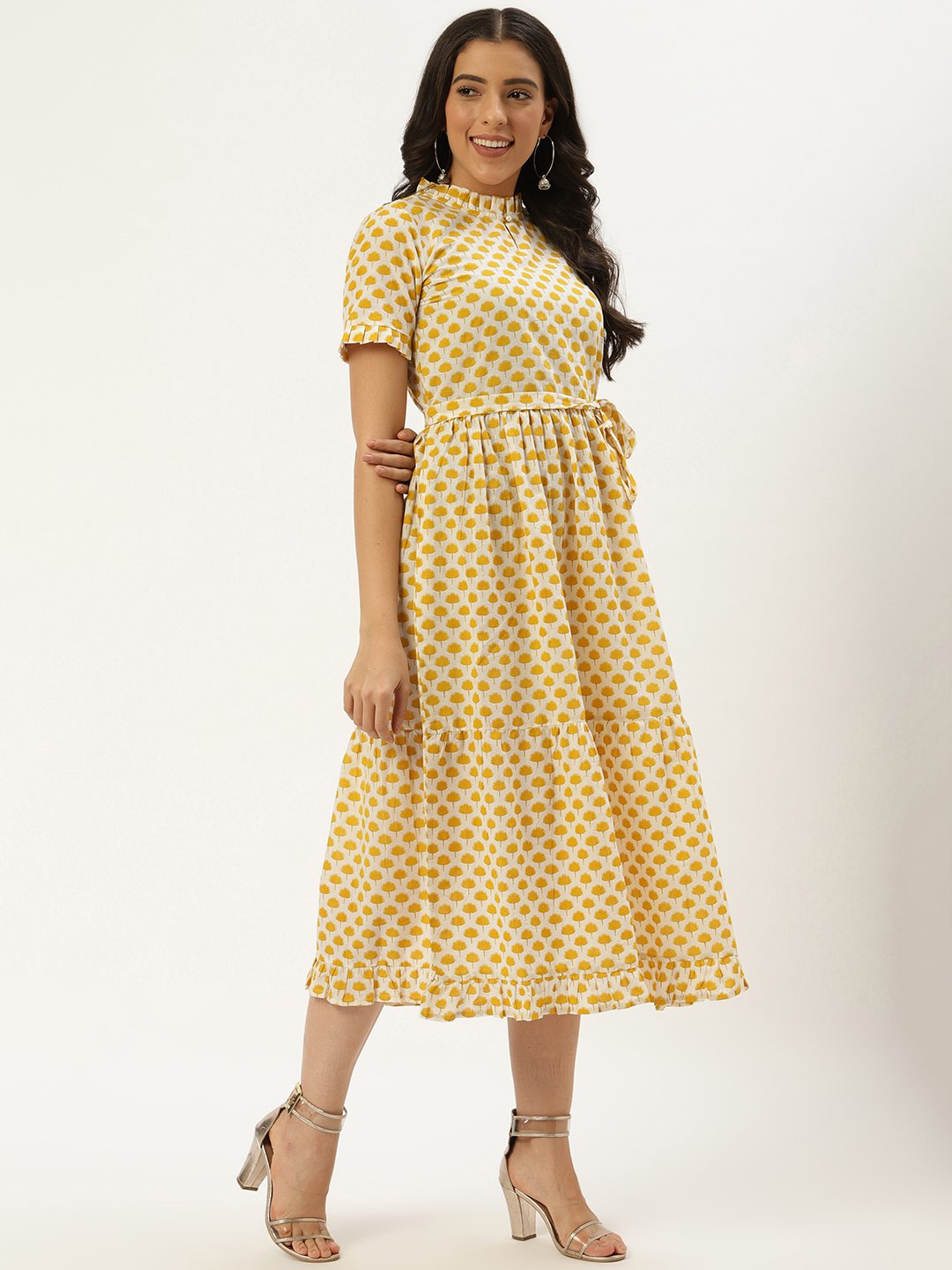 Women's White Ethnic Motifs Printed High-Neck Cotton A-Line Dress