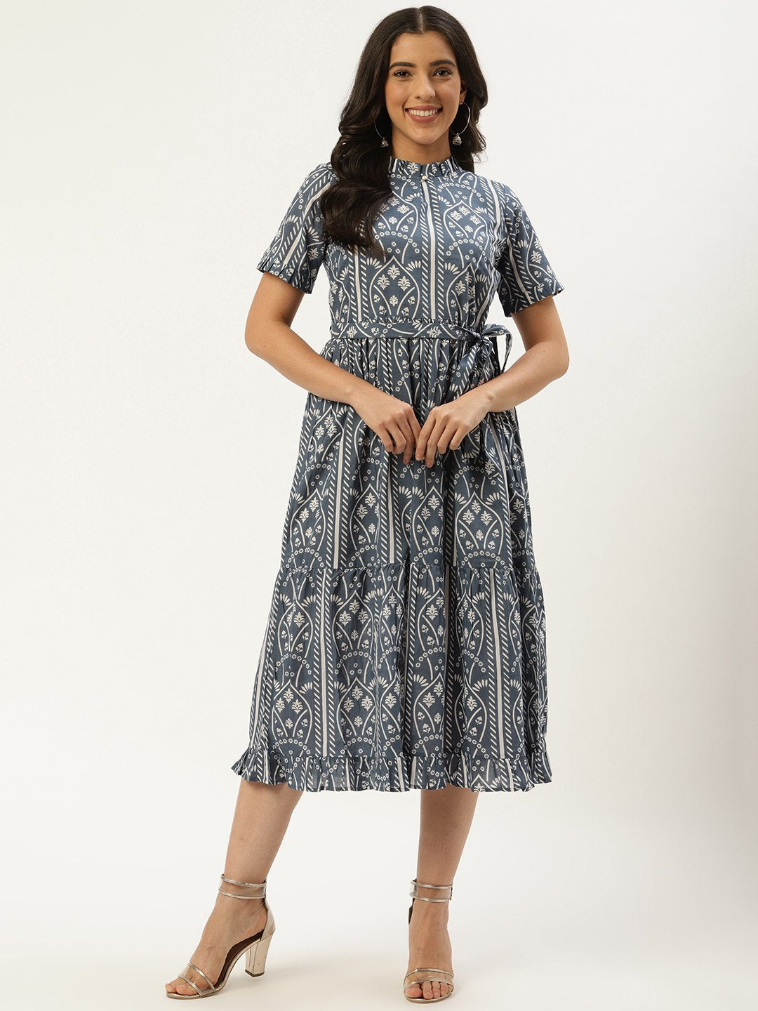 Women's Blue Ethnic Motifs Printed High-Neck Cotton A-Line Dress