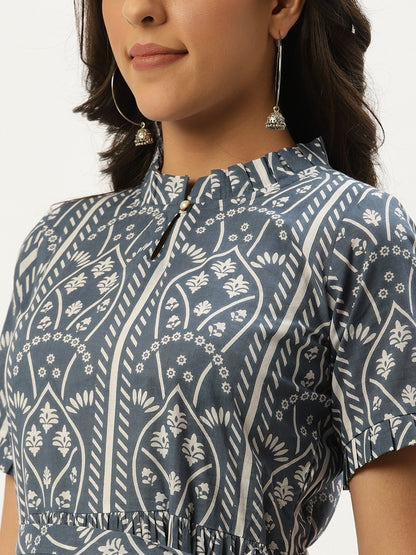 Women's Blue Ethnic Motifs Printed High-Neck Cotton A-Line Dress