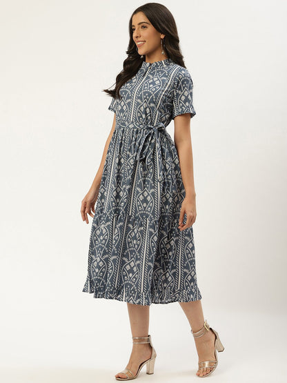 Women's Blue Ethnic Motifs Printed High-Neck Cotton A-Line Dress