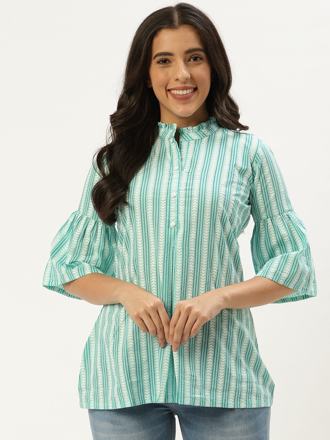 Women's Aqua Green Three-Quarter Sleeves Gathered Or Pleated Top