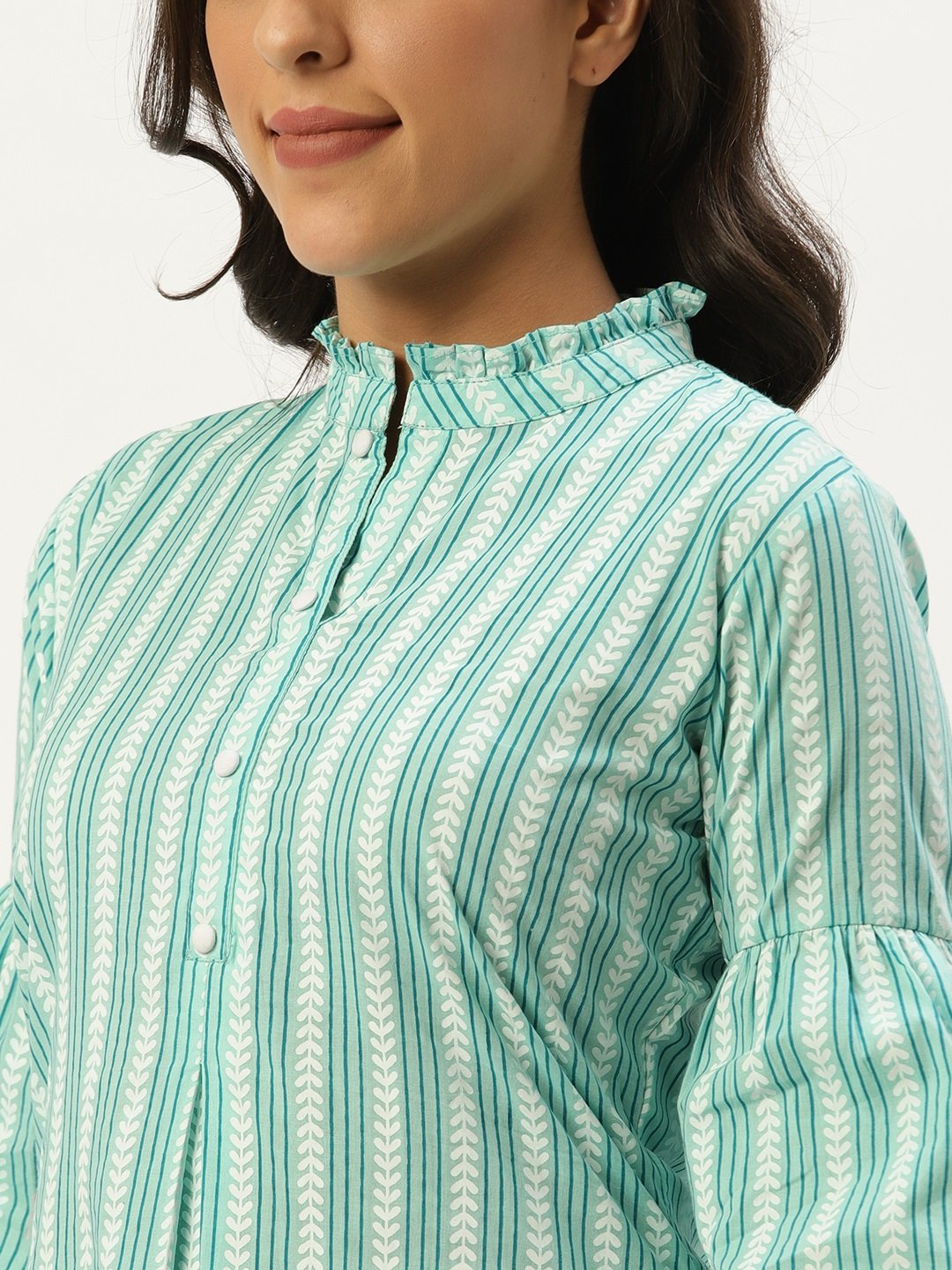 Women's Aqua Green Three-Quarter Sleeves Gathered Or Pleated Top