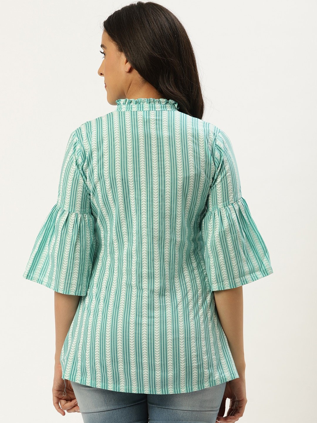 Women's Aqua Green Three-Quarter Sleeves Gathered Or Pleated Top