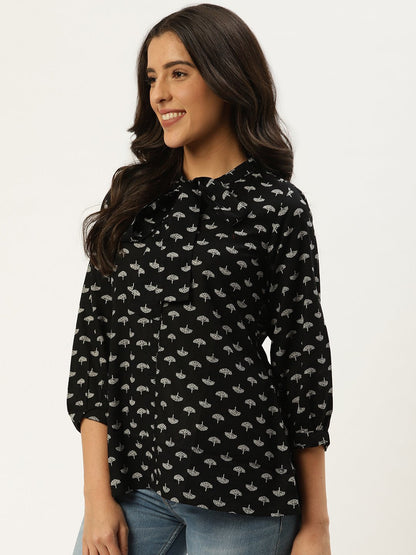 Women's Black Three-Quarter Sleeves Gathered Or Pleated Top