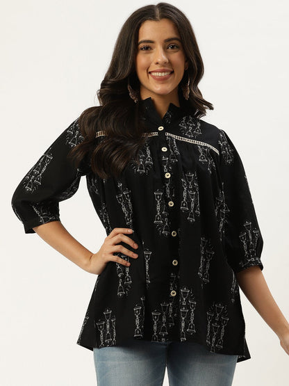 Women's Black Three-Quarter Sleeves Gathered Or Pleated Top