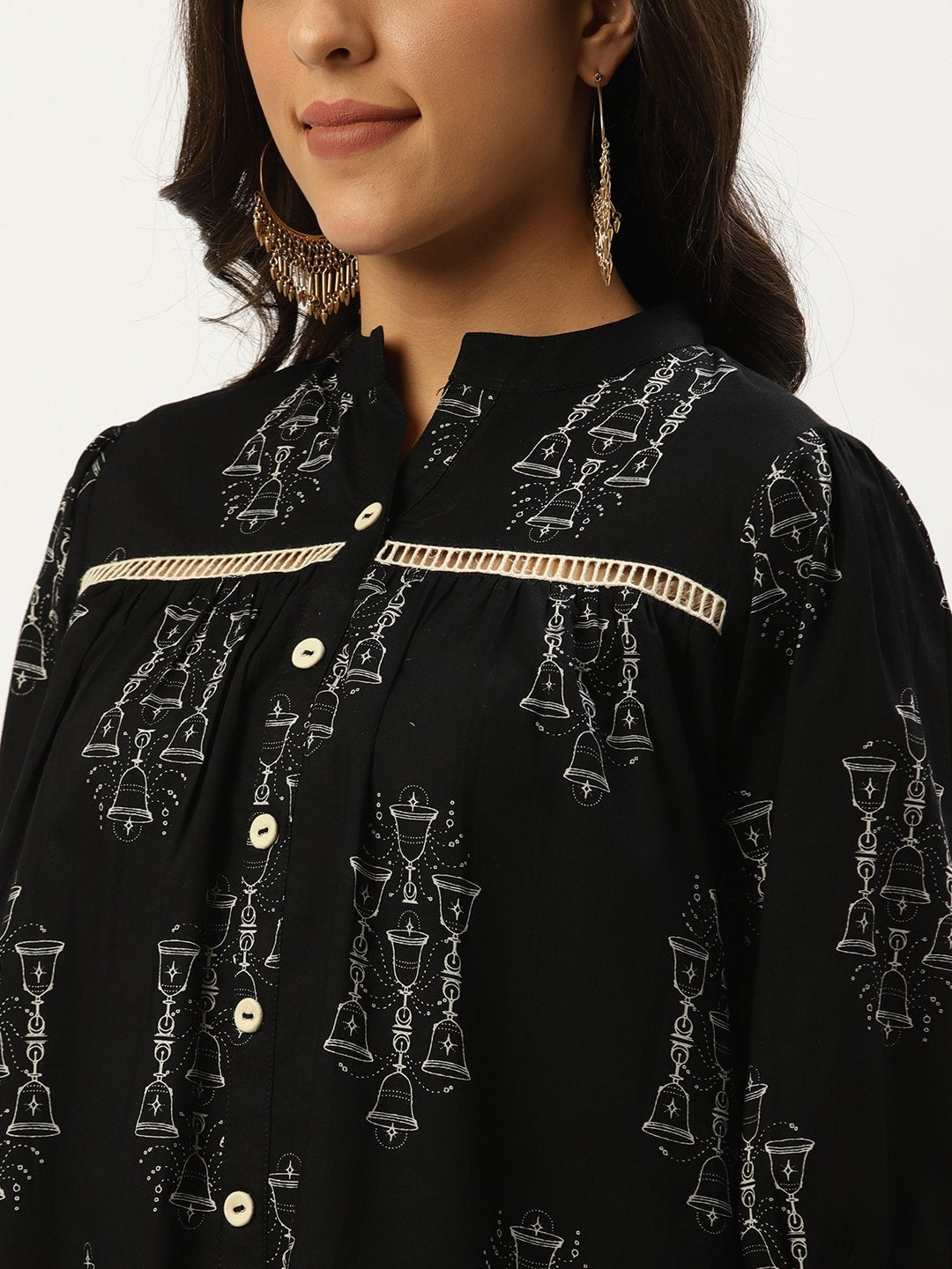 Women's Black Three-Quarter Sleeves Gathered Or Pleated Top