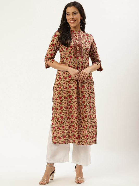 Women's Beige Calf Length Three-Quarter Sleeves Straight Floral Cotton Kurta