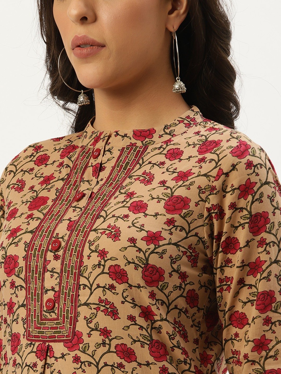 Women's Beige Calf Length Three-Quarter Sleeves Straight Floral Cotton Kurta