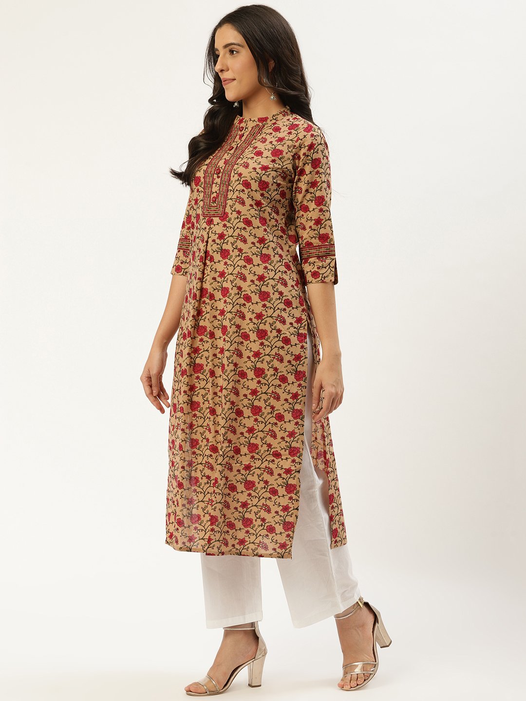 Women's Beige Calf Length Three-Quarter Sleeves Straight Floral Cotton Kurta