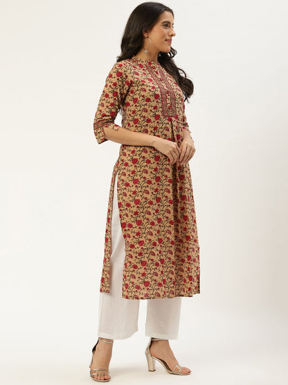 Women's Beige Calf Length Three-Quarter Sleeves Straight Floral Cotton Kurta