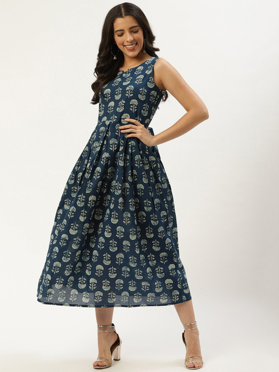 Women's Indigo Blue Floral Printed V-Neck Cotton A-Line Dress