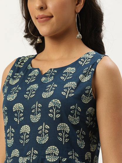 Women's Indigo Blue Floral Printed V-Neck Cotton A-Line Dress