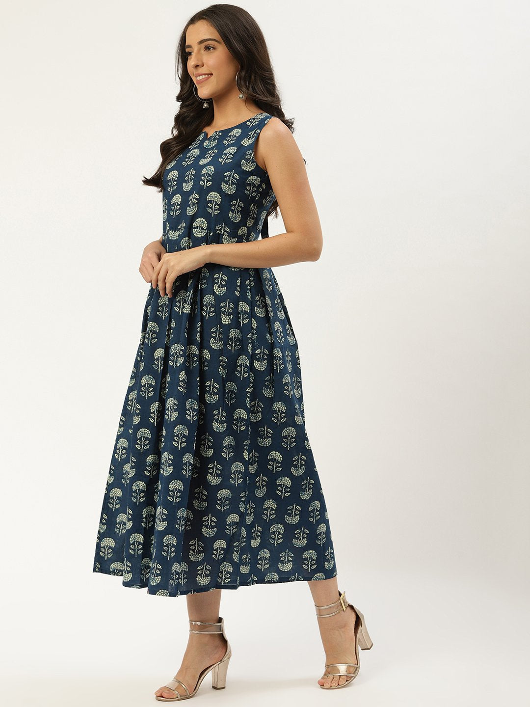 Women's Indigo Blue Floral Printed V-Neck Cotton A-Line Dress