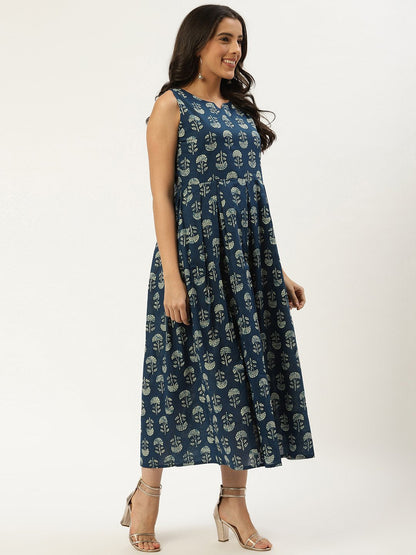 Women's Indigo Blue Floral Printed V-Neck Cotton A-Line Dress