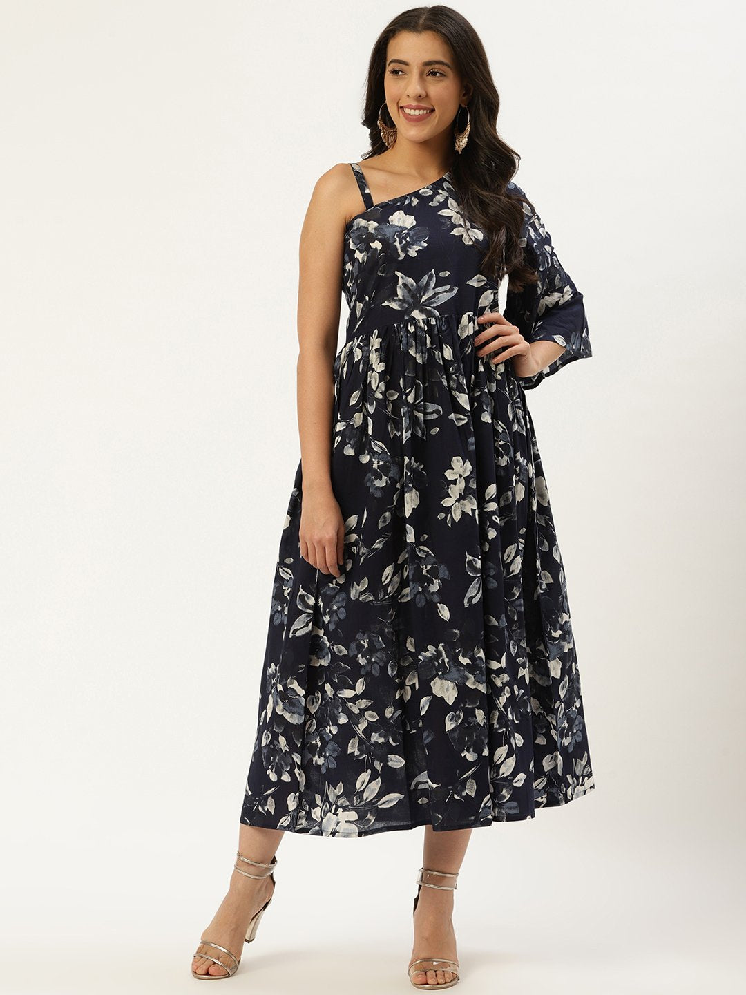 Women's Indigo Blue Floral Printed One Shoulder Cotton A-Line Dress