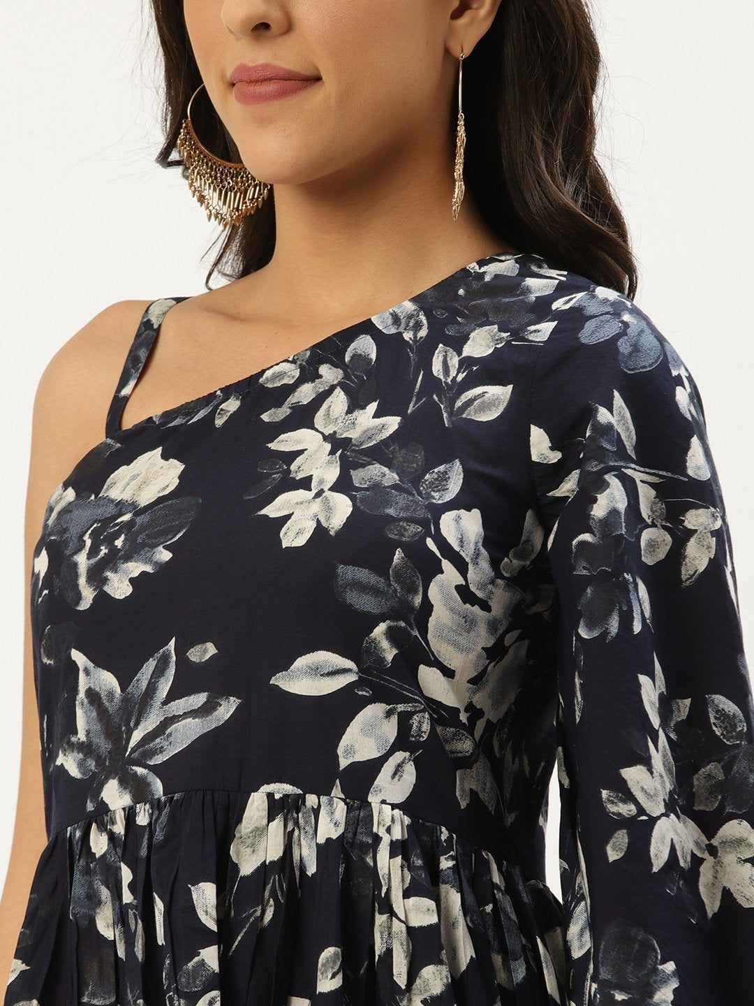 Women's Indigo Blue Floral Printed One Shoulder Cotton A-Line Dress
