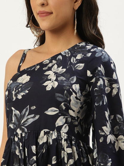 Women's Indigo Blue Floral Printed One Shoulder Cotton A-Line Dress