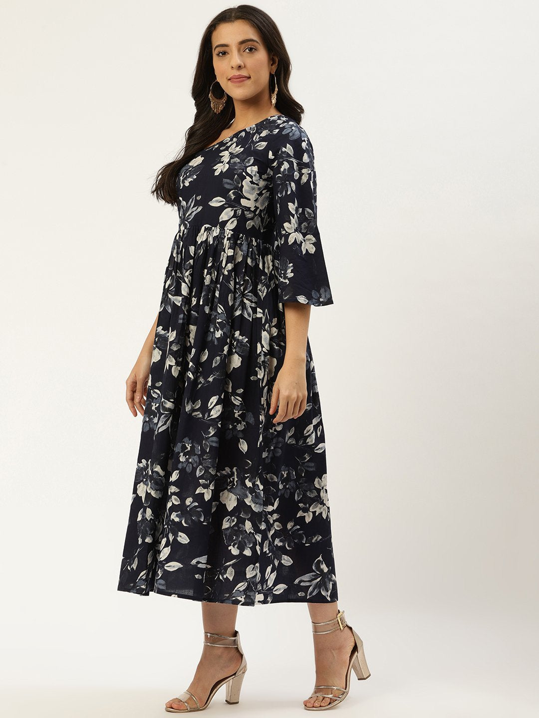 Women's Indigo Blue Floral Printed One Shoulder Cotton A-Line Dress