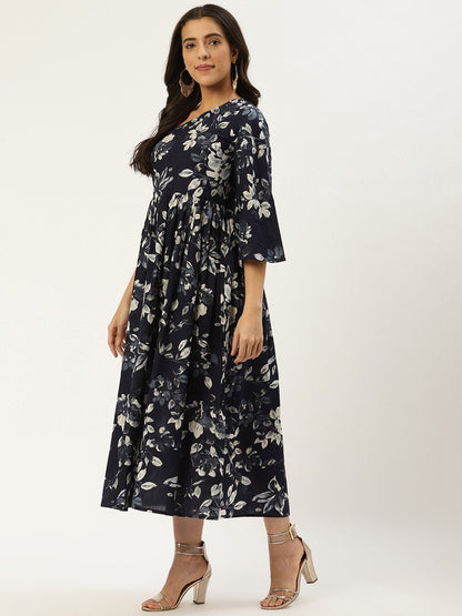 Women's Indigo Blue Floral Printed One Shoulder Cotton A-Line Dress