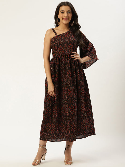 Women's Black Ethnic Motifs Printed One Shoulder Cotton A-Line Dress