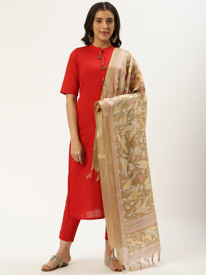 Women's Red Three-Quarter Sleeves Straight Kurta And Trouser Pant Set