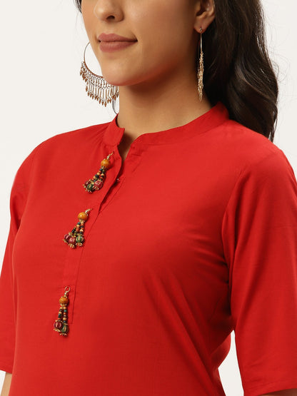 Women's Red Three-Quarter Sleeves Straight Kurta And Trouser Pant Set