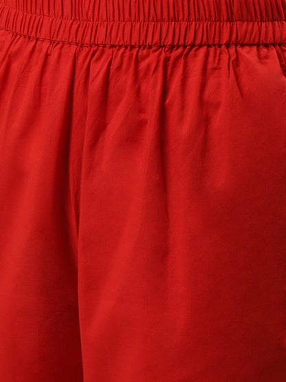 Women's Red Three-Quarter Sleeves Straight Kurta And Trouser Pant Set