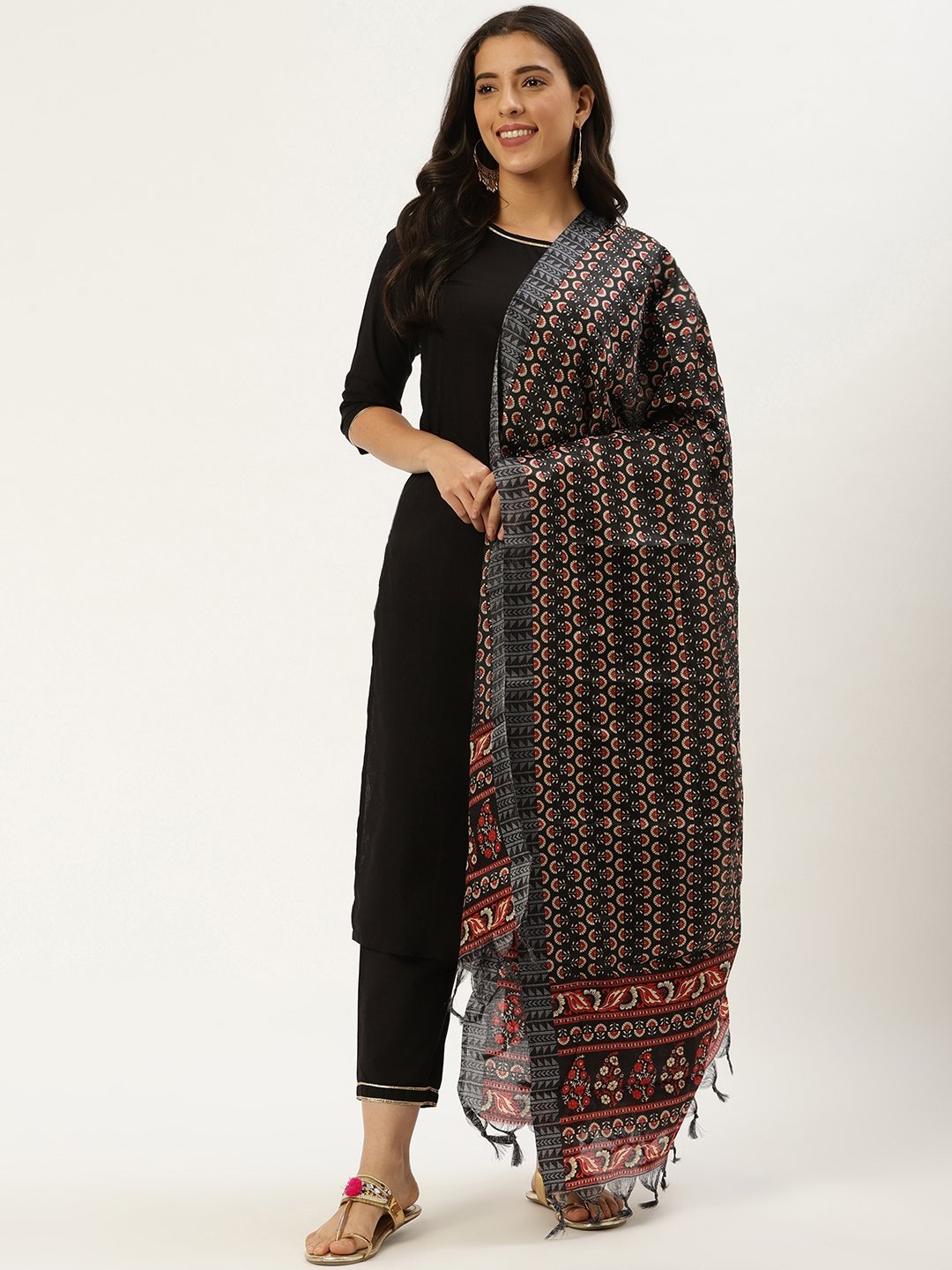 Women's Black Three-Quarter Sleeves Straight Kurta And Trouser Pant Set