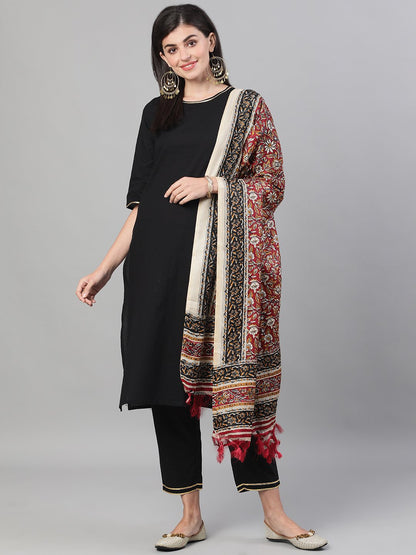 Women's Black Kurta With Plazo & Printed Dupatta